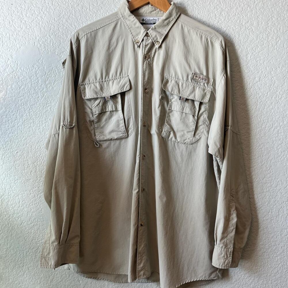 Beige Columbia PFG Fishing Shirt Button Up Oversized Utility